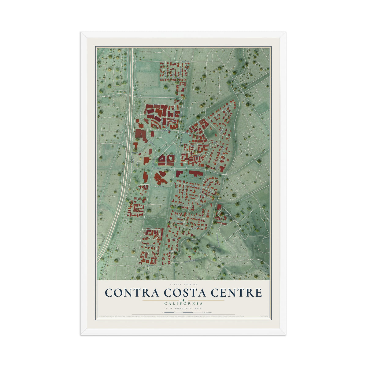 Map of Contra Costa Centre, California, 12 x 18 inch print in a white wood frame