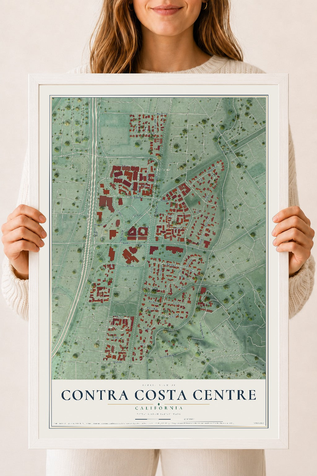 Map of Contra Costa Centre, California, 18 x 24 inch print in a white wood frame