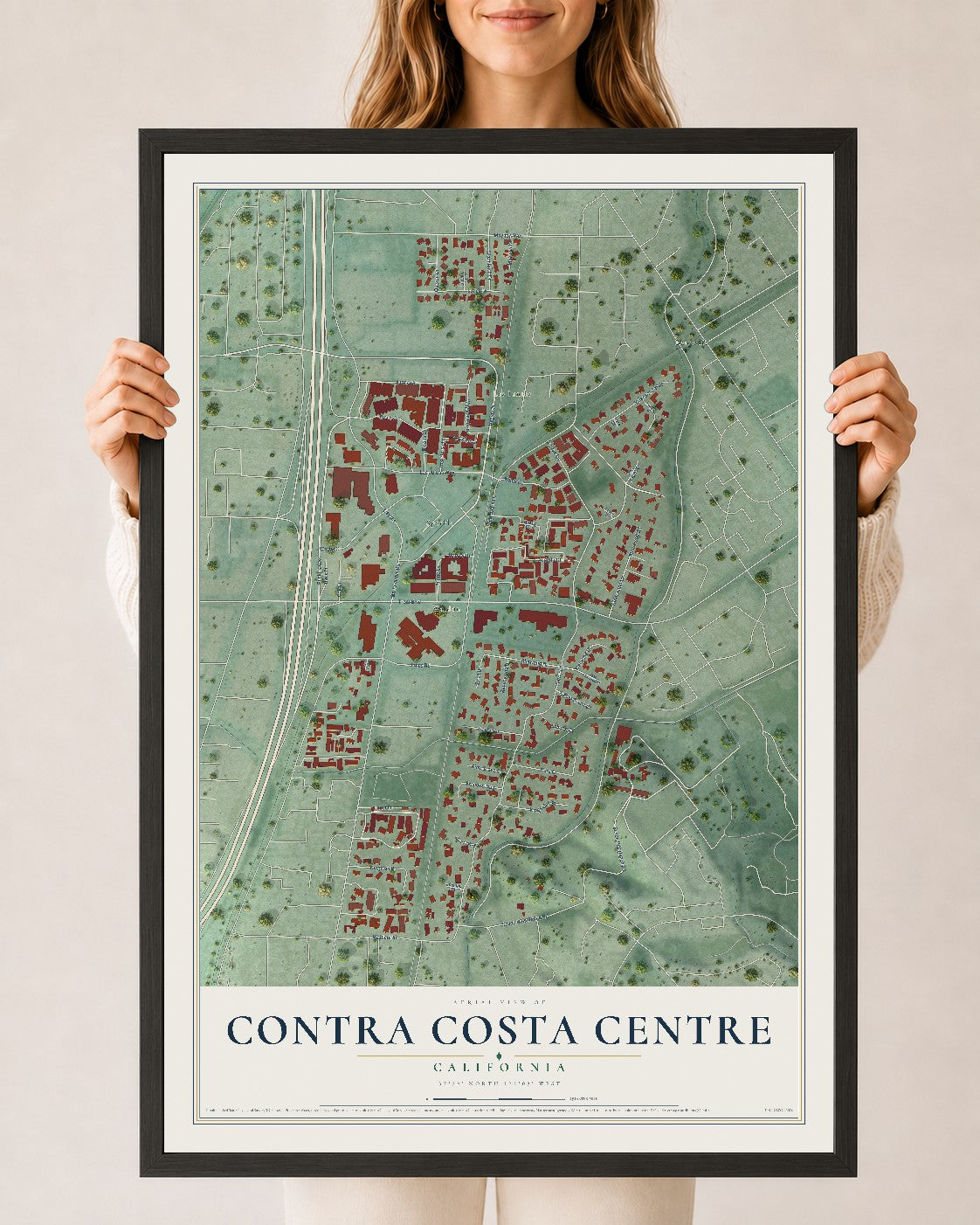 Map of Contra Costa Centre, California, 24 x 36 inch print in a black wood frame
