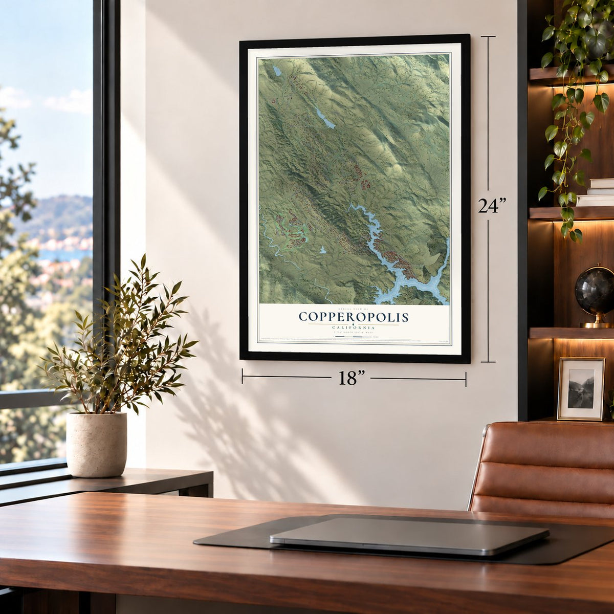 Copperopolis, California map, 18 x 24 inch print in a black frame in a home office