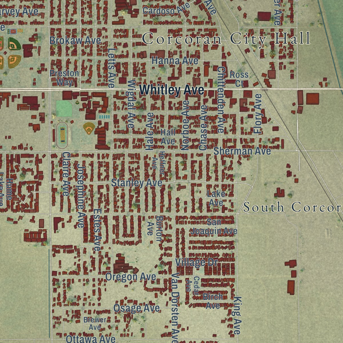 Close-up of the map of Corcoran, California print showing street and building detail