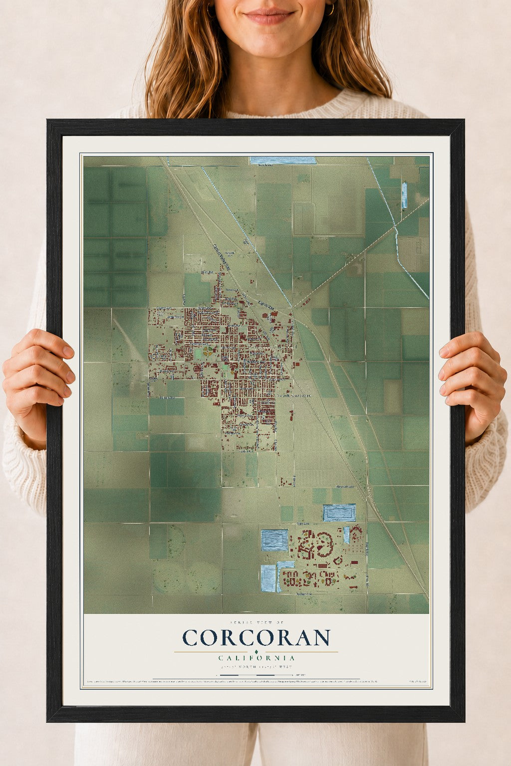 Map of Corcoran, California, 18 x 24 inch print in a black wood frame