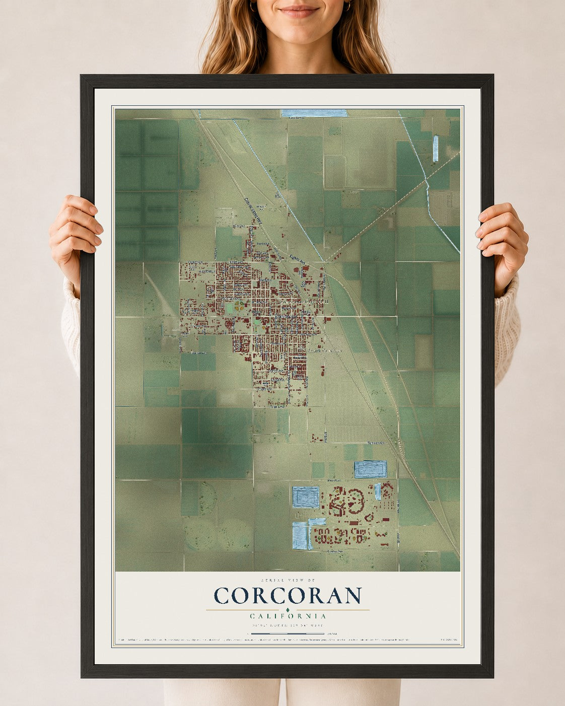 Map of Corcoran, California, 24 x 36 inch print in a black wood frame
