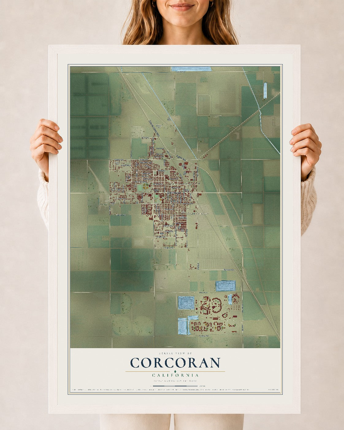 Map of Corcoran, California, 24 x 36 inch print in a white wood frame