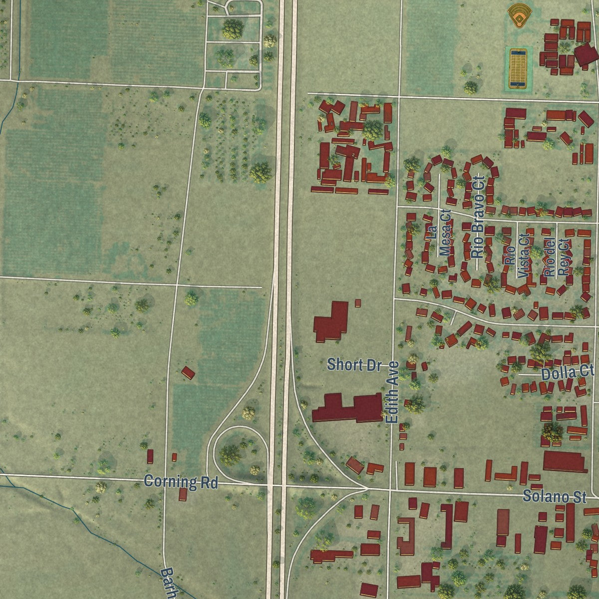Second close-up of the map of Corning, California print showing more streets and buildings