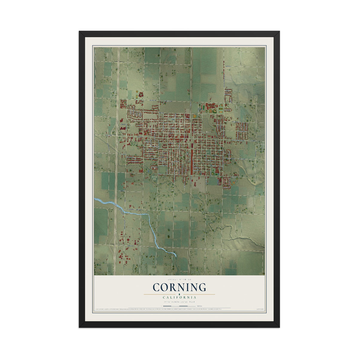 Map of Corning, California, 12 x 18 inch print in a black wood frame