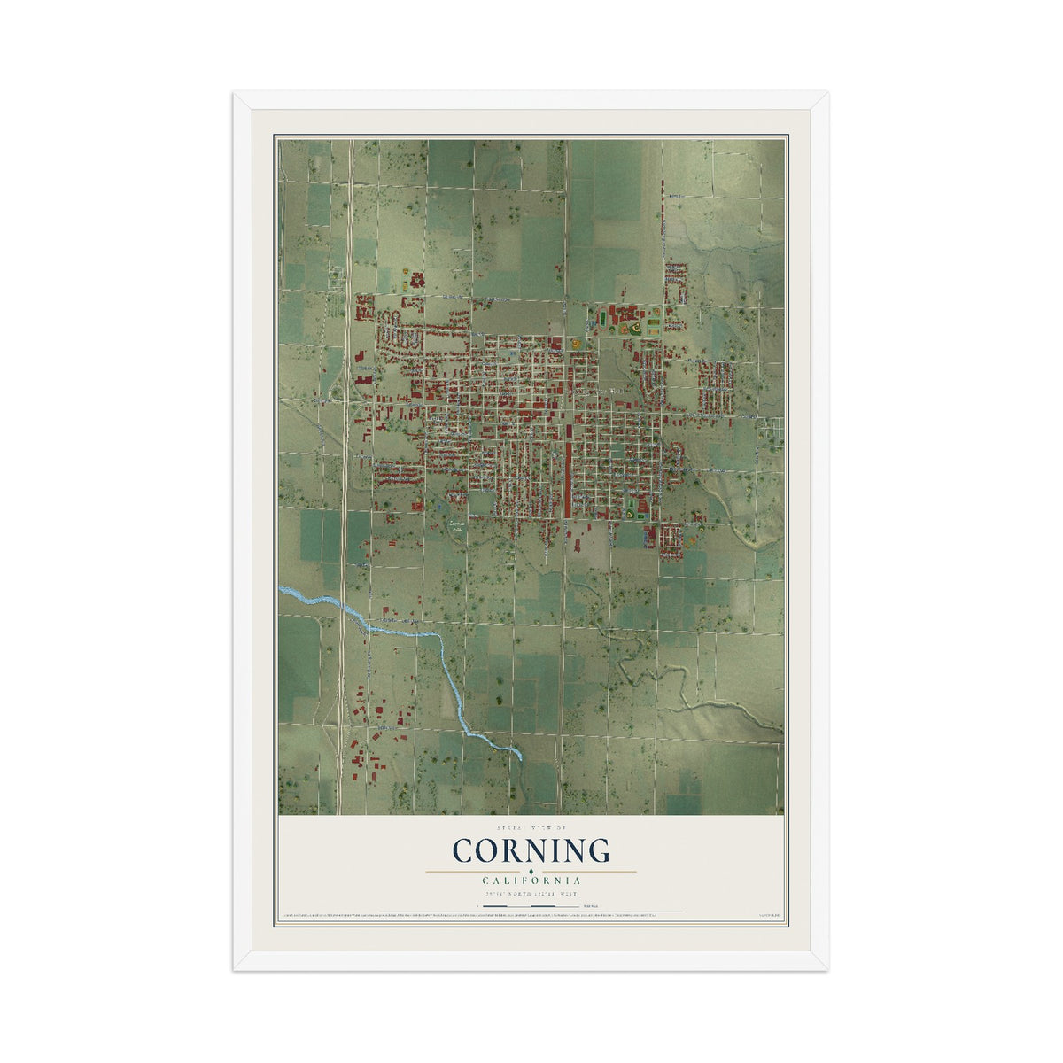 Map of Corning, California, 12 x 18 inch print in a white wood frame
