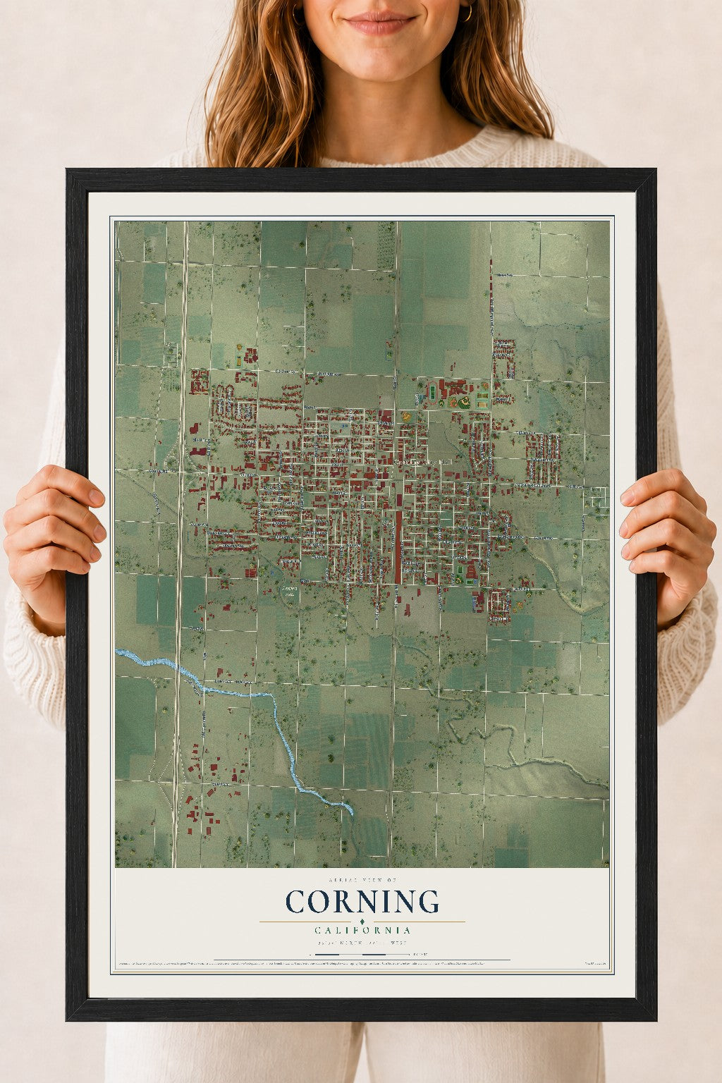 Map of Corning, California, 18 x 24 inch print in a black wood frame
