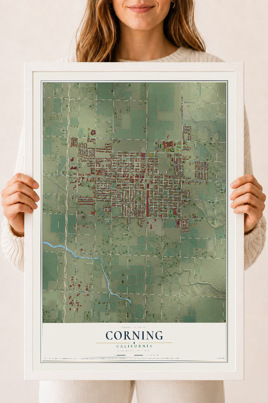 Map of Corning, California, 18 x 24 inch print in a white wood frame