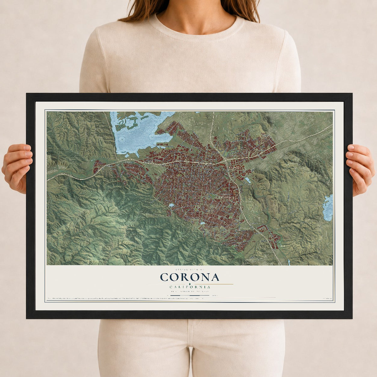 Map of Corona, California, 12 x 18 inch print in a black wood frame