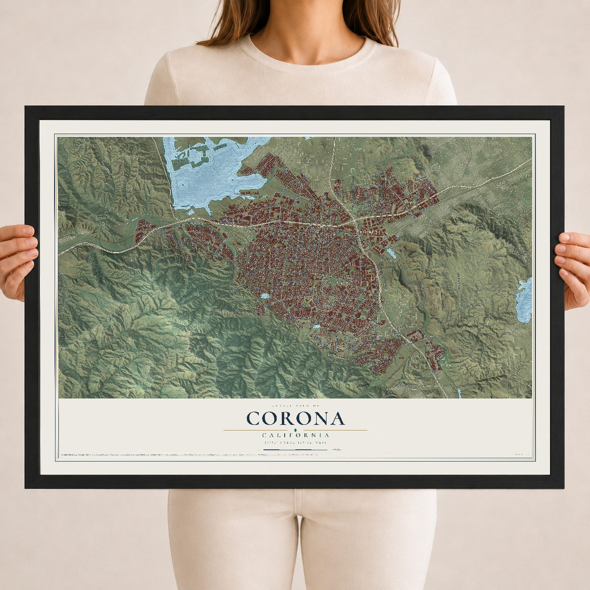 Map of Corona, California, 18 x 24 inch print in a black wood frame