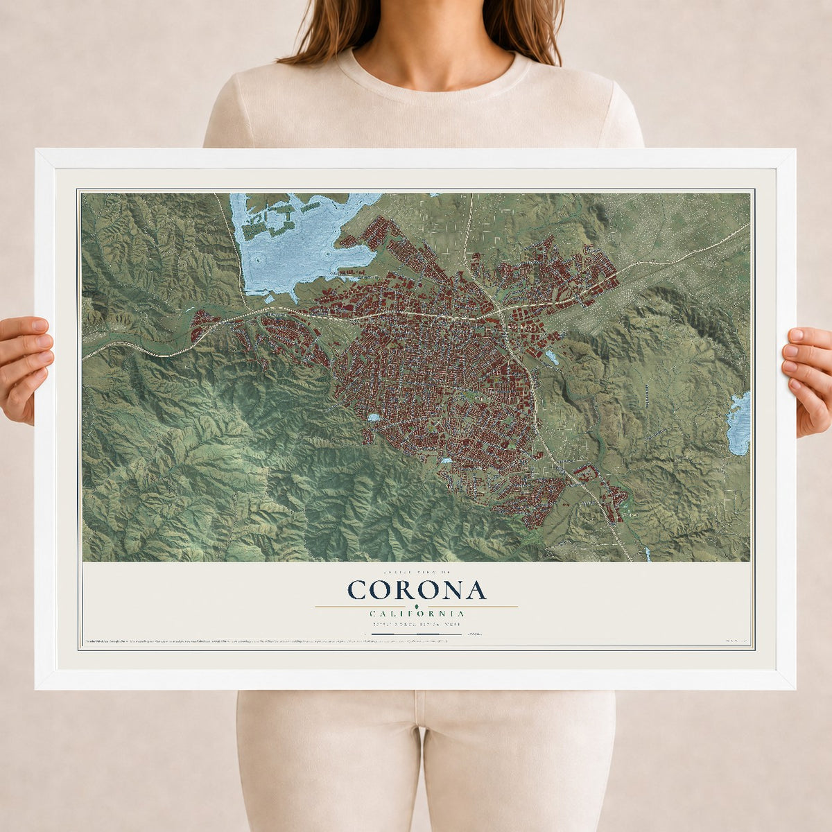 Map of Corona, California, 18 x 24 inch print in a white wood frame