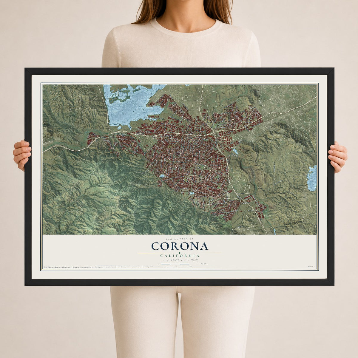 Map of Corona, California, 24 x 36 inch print in a black wood frame