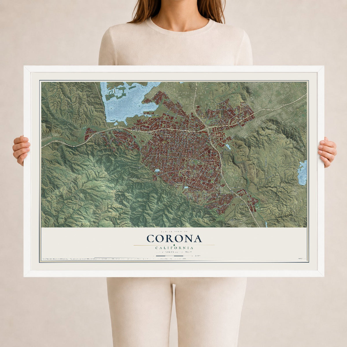 Map of Corona, California, 24 x 36 inch print in a white wood frame