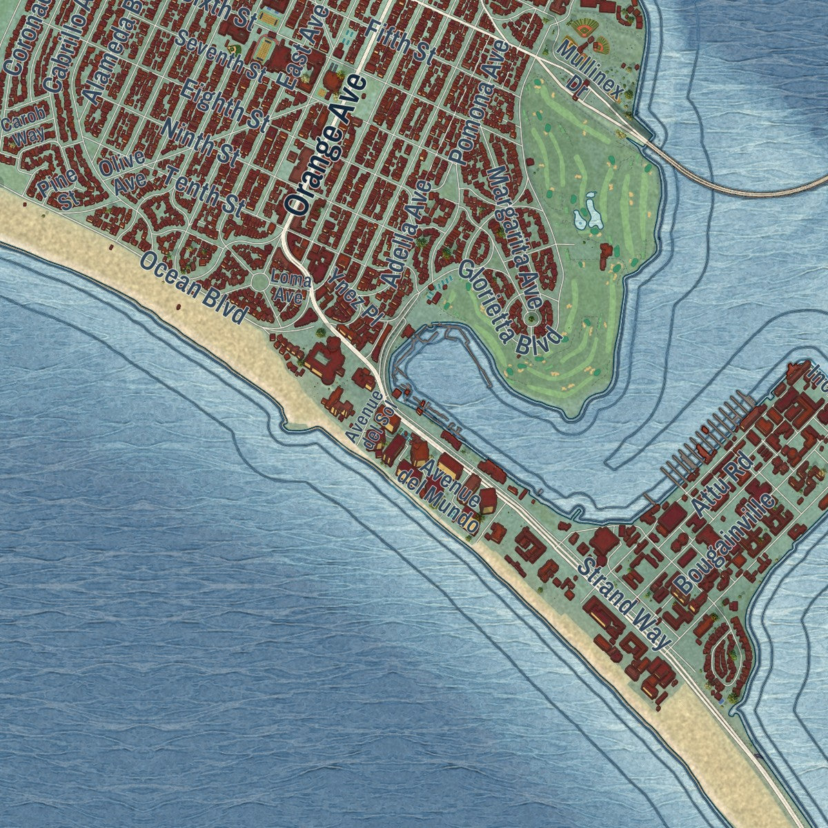 Close-up of the map of Coronado, California print showing street and building detail