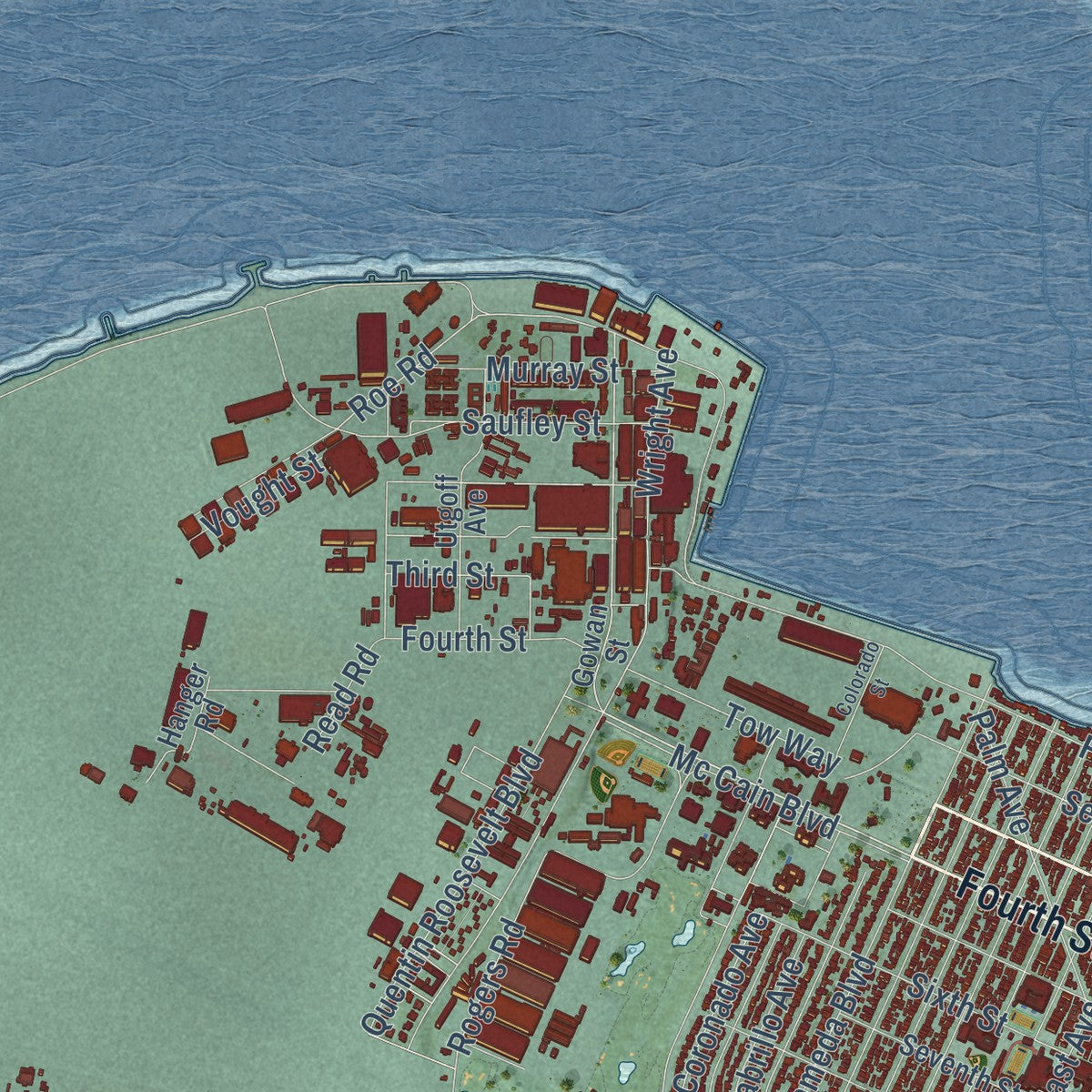 Second close-up of the map of Coronado, California print showing more streets and buildings