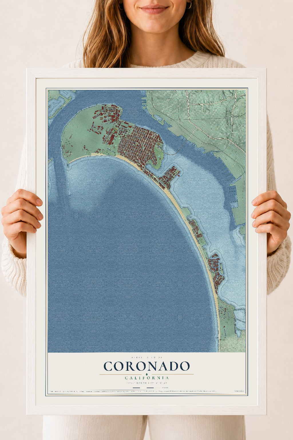 Map of Coronado, California, 18 x 24 inch print in a white wood frame