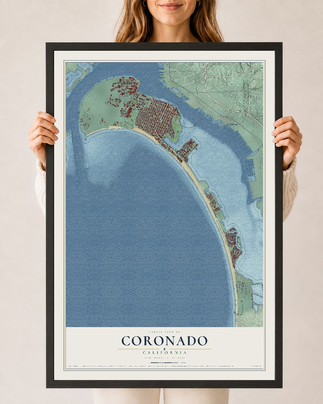 Map of Coronado, California, 24 x 36 inch print in a black wood frame