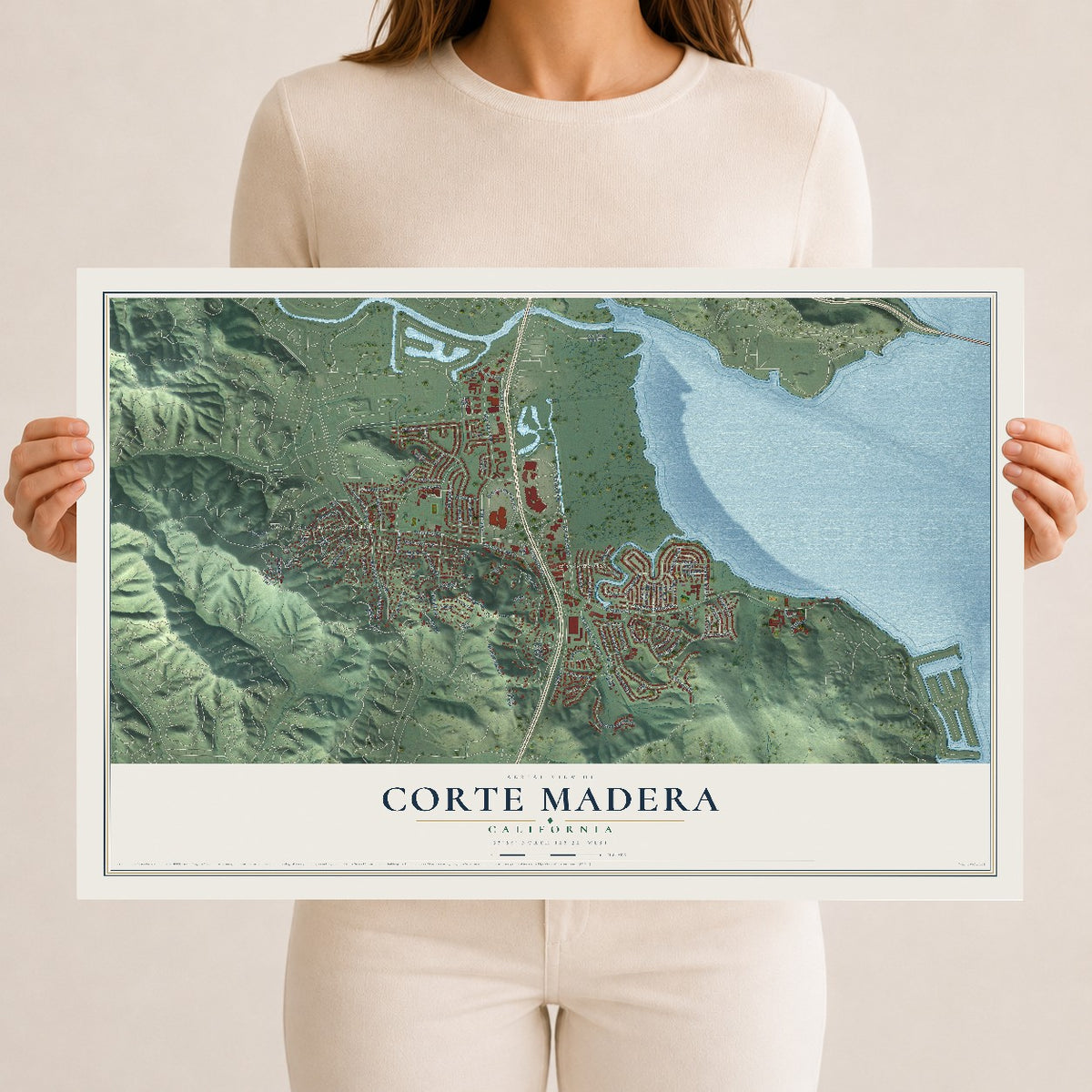 Map of Corte Madera, California, 12 x 18 inch unframed archival matte print
