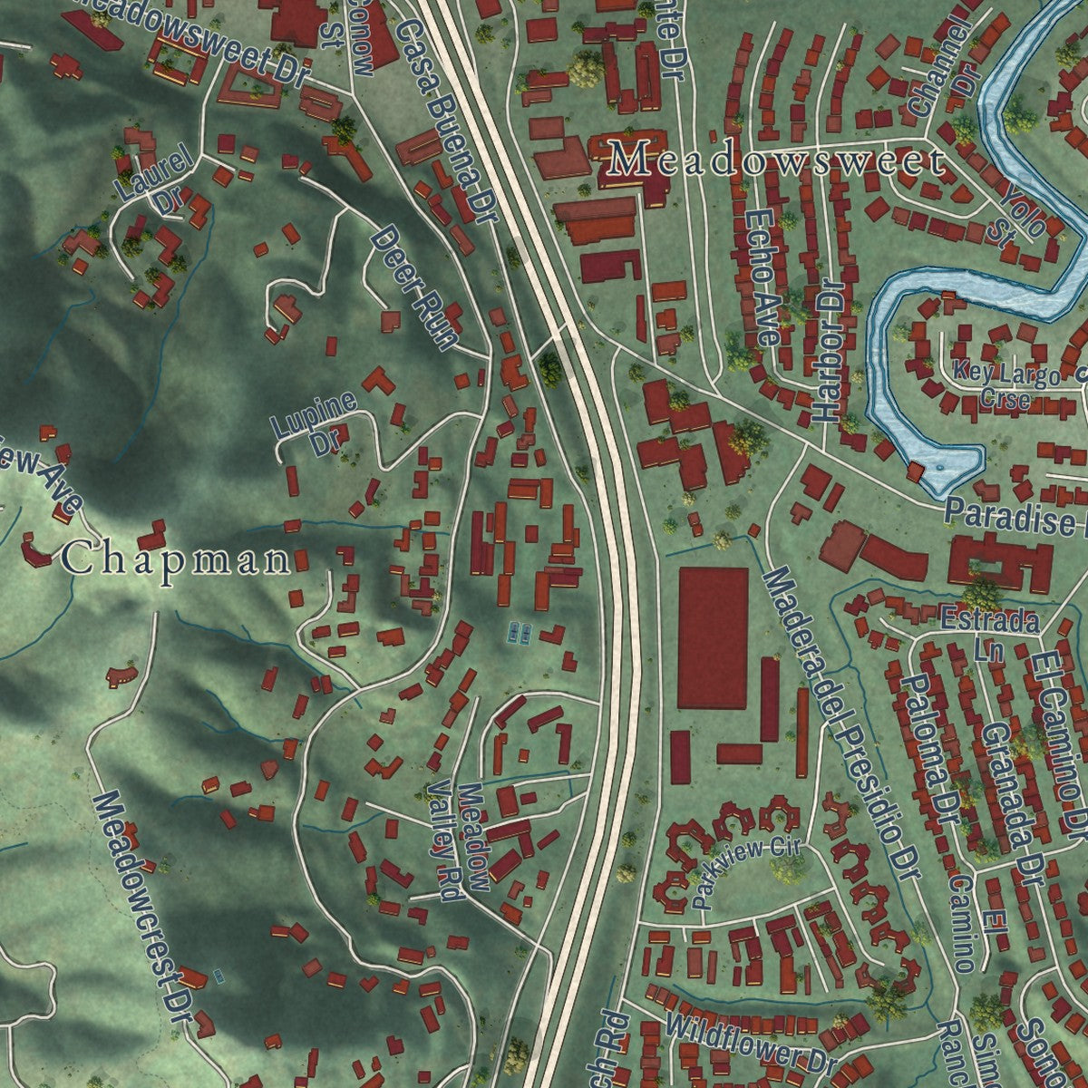 Close-up of the map of Corte Madera, California print showing street and building detail