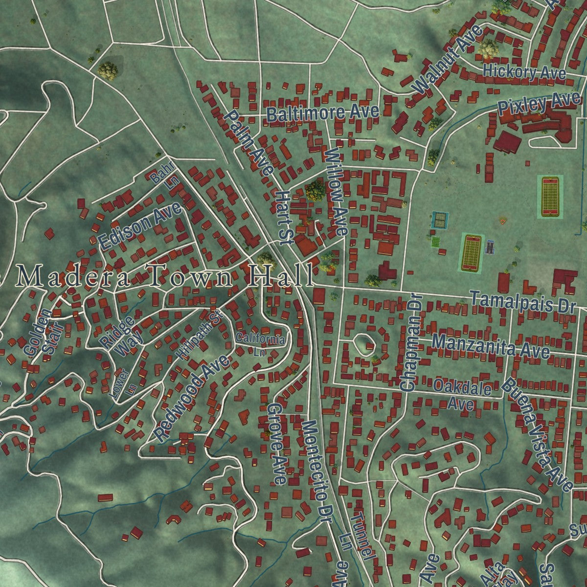 Second close-up of the map of Corte Madera, California print showing more streets and buildings