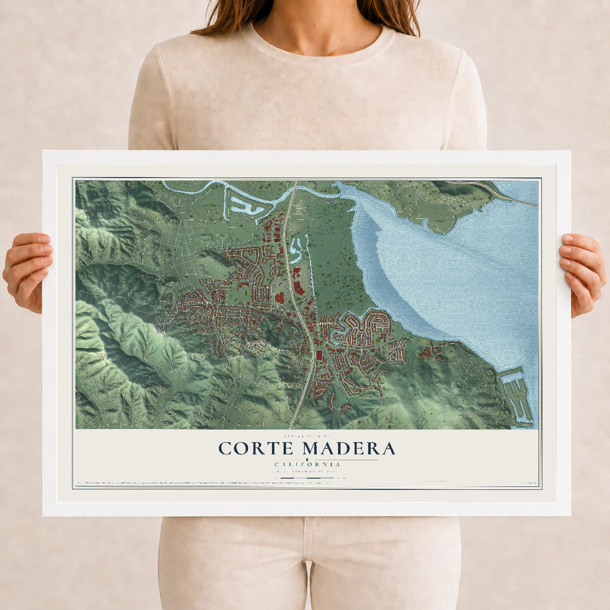 Map of Corte Madera, California, 12 x 18 inch print in a white wood frame
