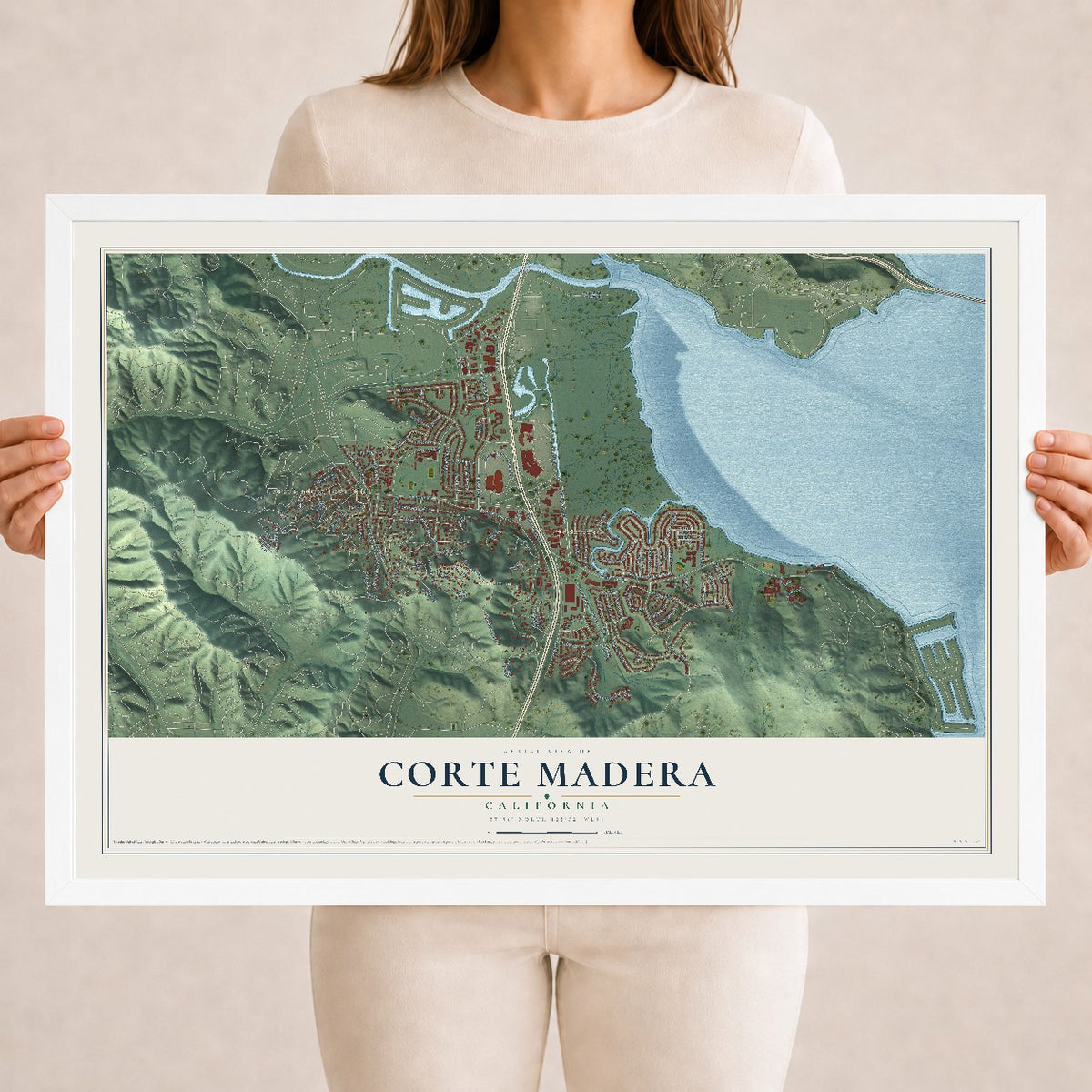 Map of Corte Madera, California, 18 x 24 inch print in a white wood frame