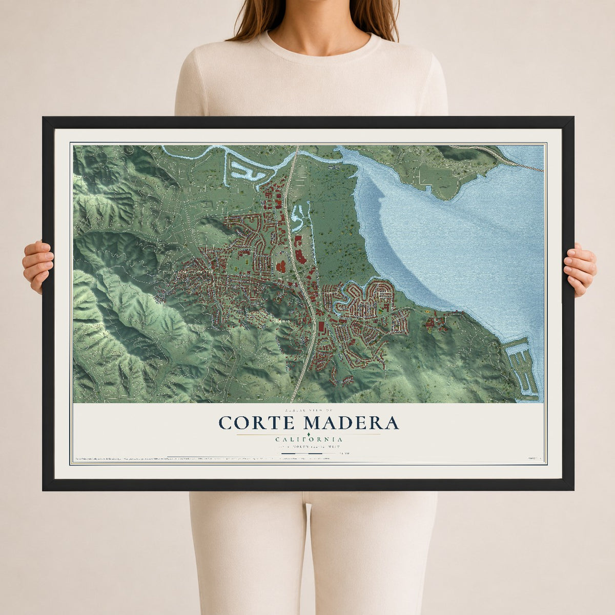 Map of Corte Madera, California, 24 x 36 inch print in a black wood frame