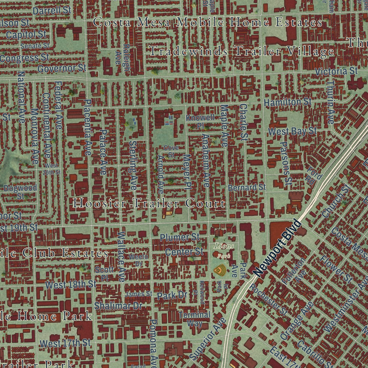 Close-up of the map of Costa Mesa, California print showing street and building detail