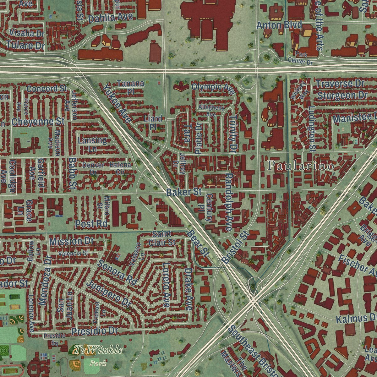 Second close-up of the map of Costa Mesa, California print showing more streets and buildings