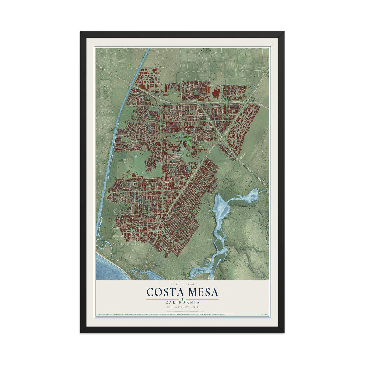 Map of Costa Mesa, California, 12 x 18 inch print in a black wood frame
