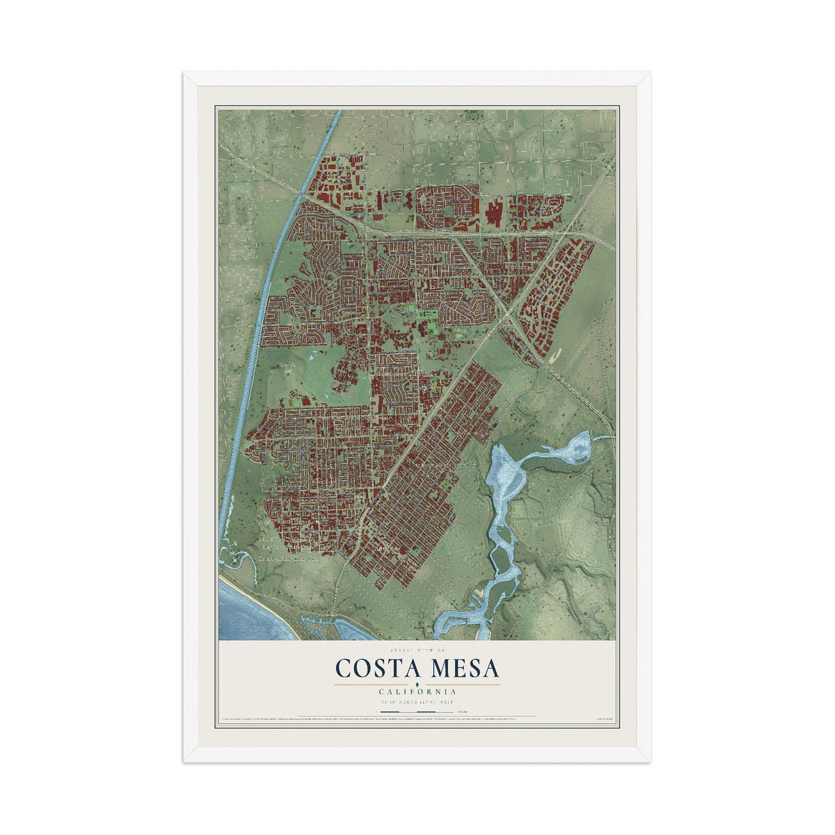 Map of Costa Mesa, California, 12 x 18 inch print in a white wood frame
