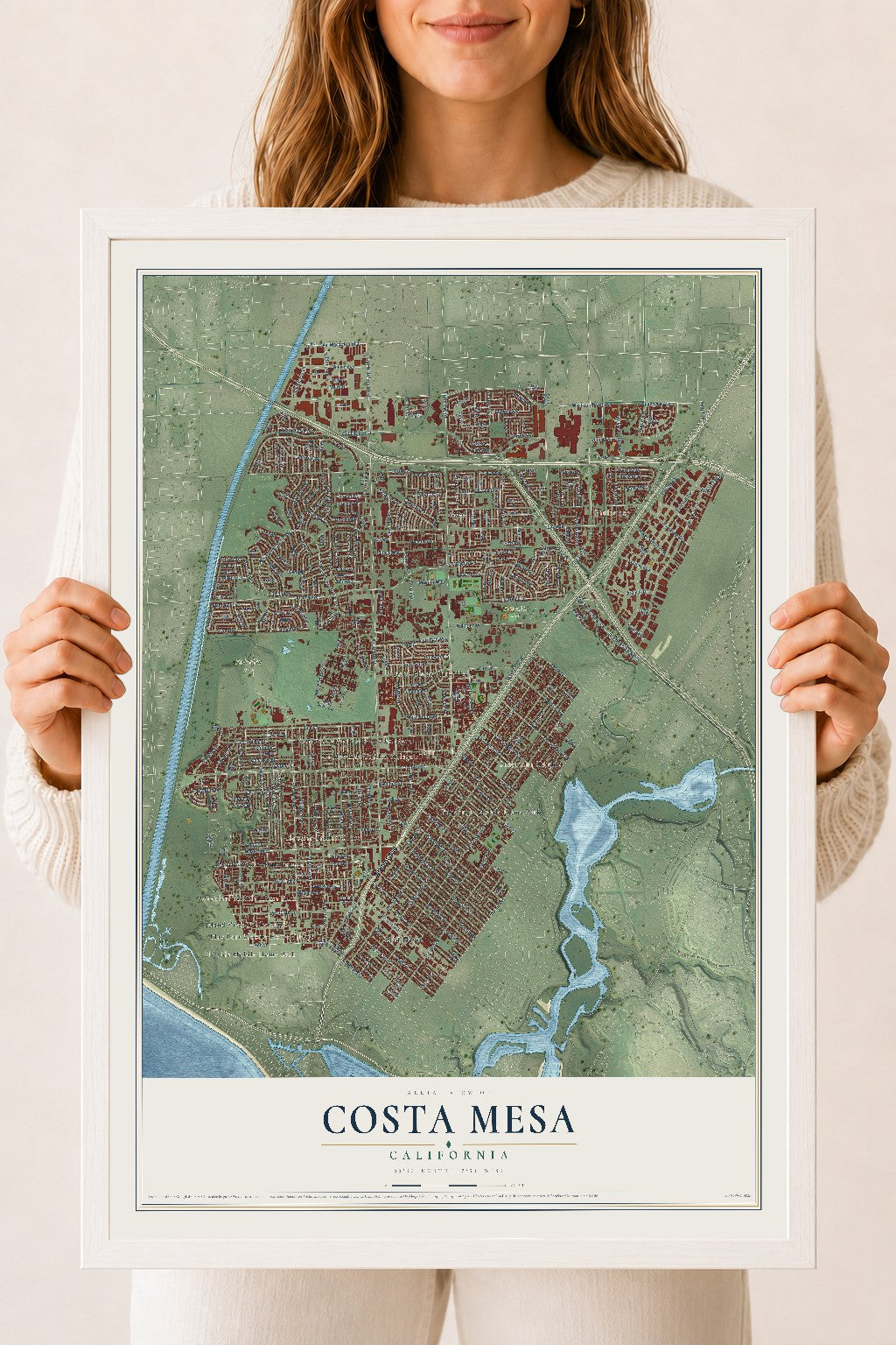 Map of Costa Mesa, California, 18 x 24 inch print in a white wood frame