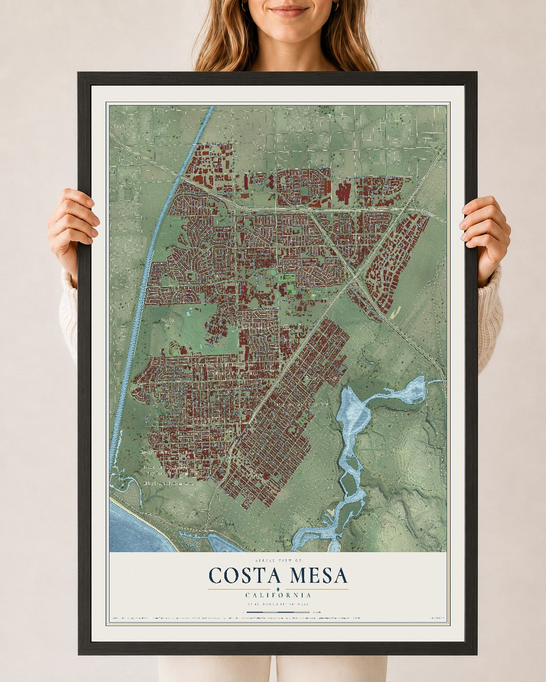 Map of Costa Mesa, California, 24 x 36 inch print in a black wood frame