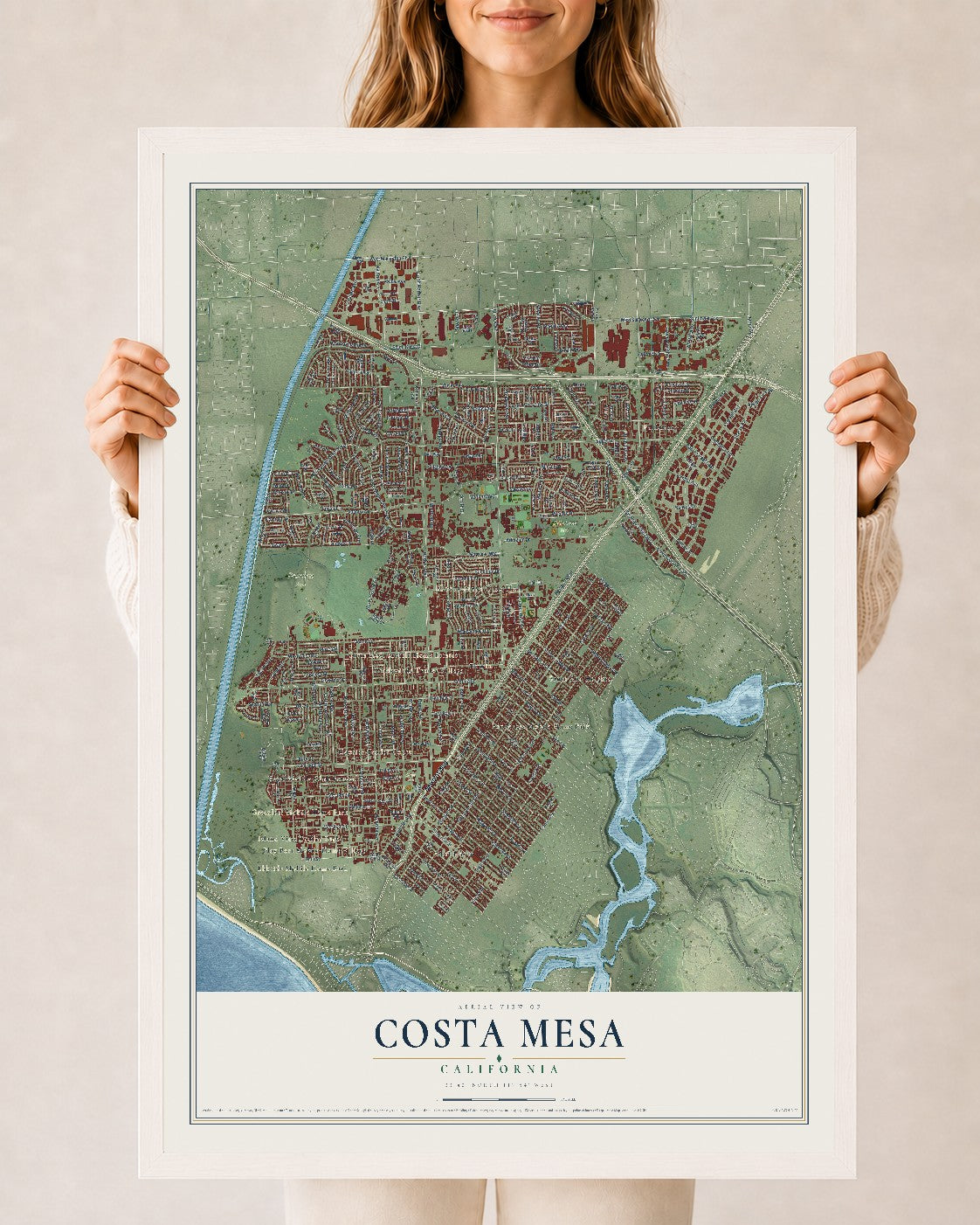 Map of Costa Mesa, California, 24 x 36 inch print in a white wood frame