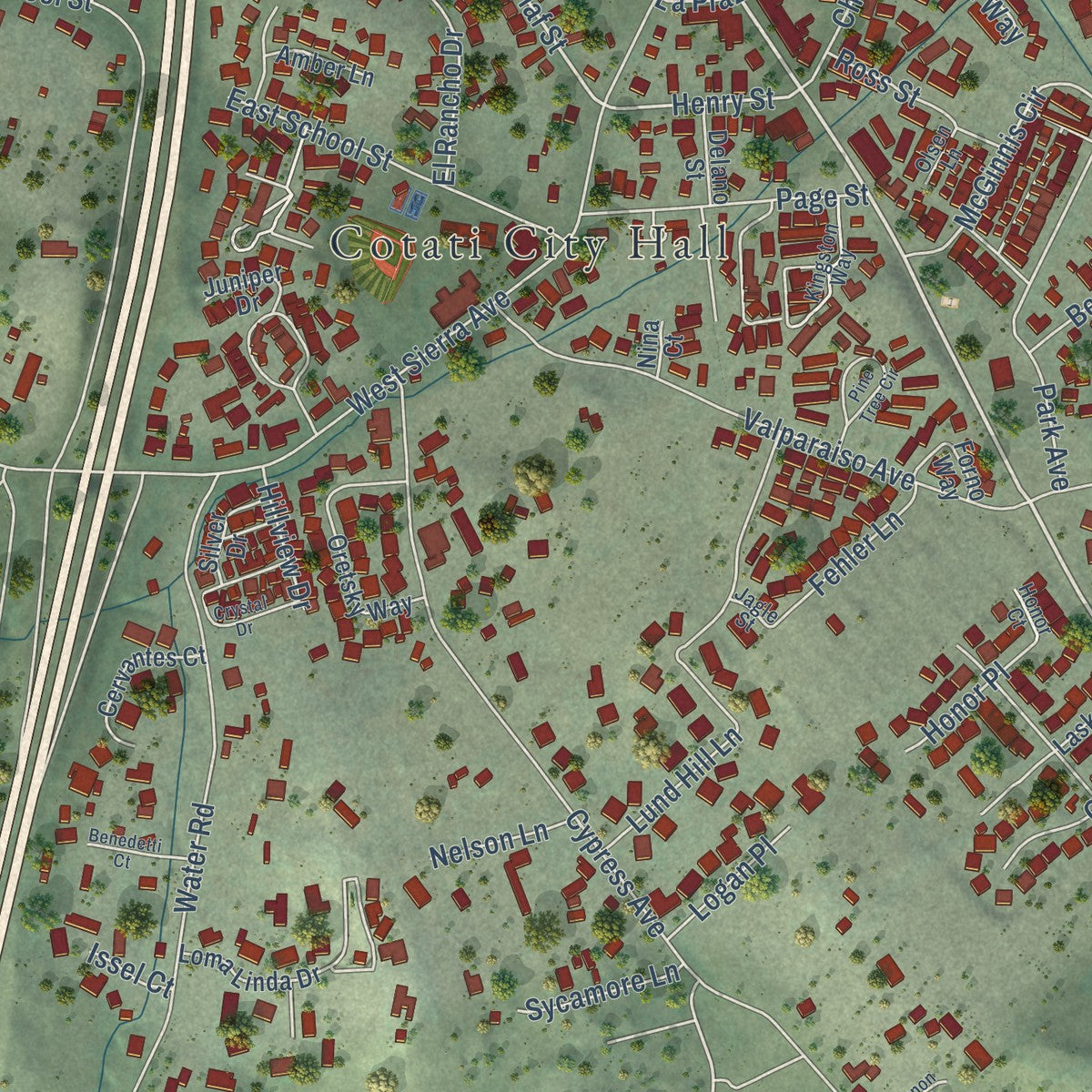 Close-up of the map of Cotati, California print showing street and building detail