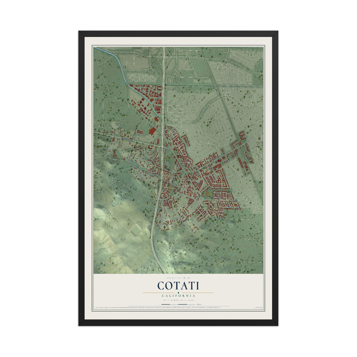 Map of Cotati, California, 12 x 18 inch print in a black wood frame