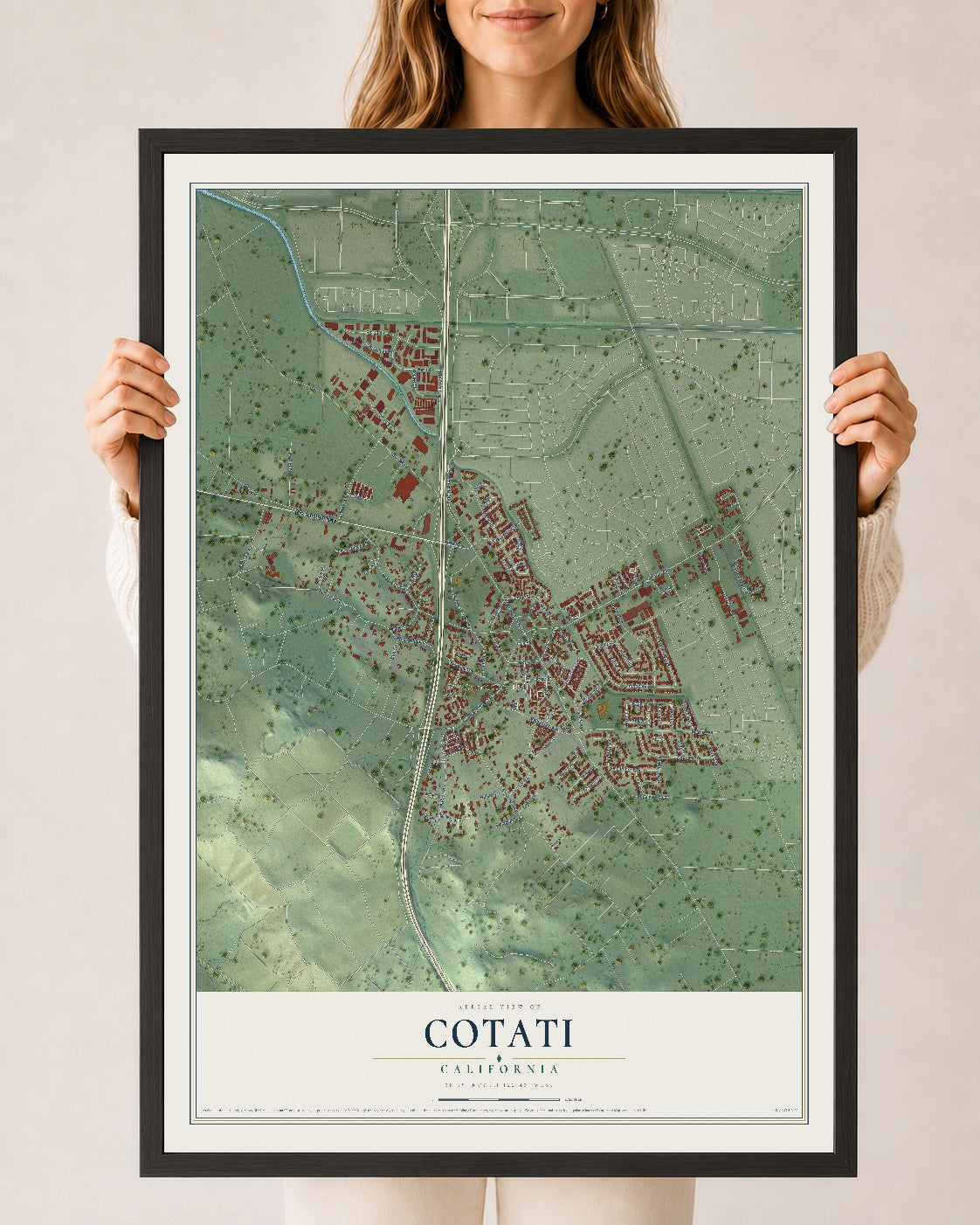 Map of Cotati, California, 24 x 36 inch print in a black wood frame