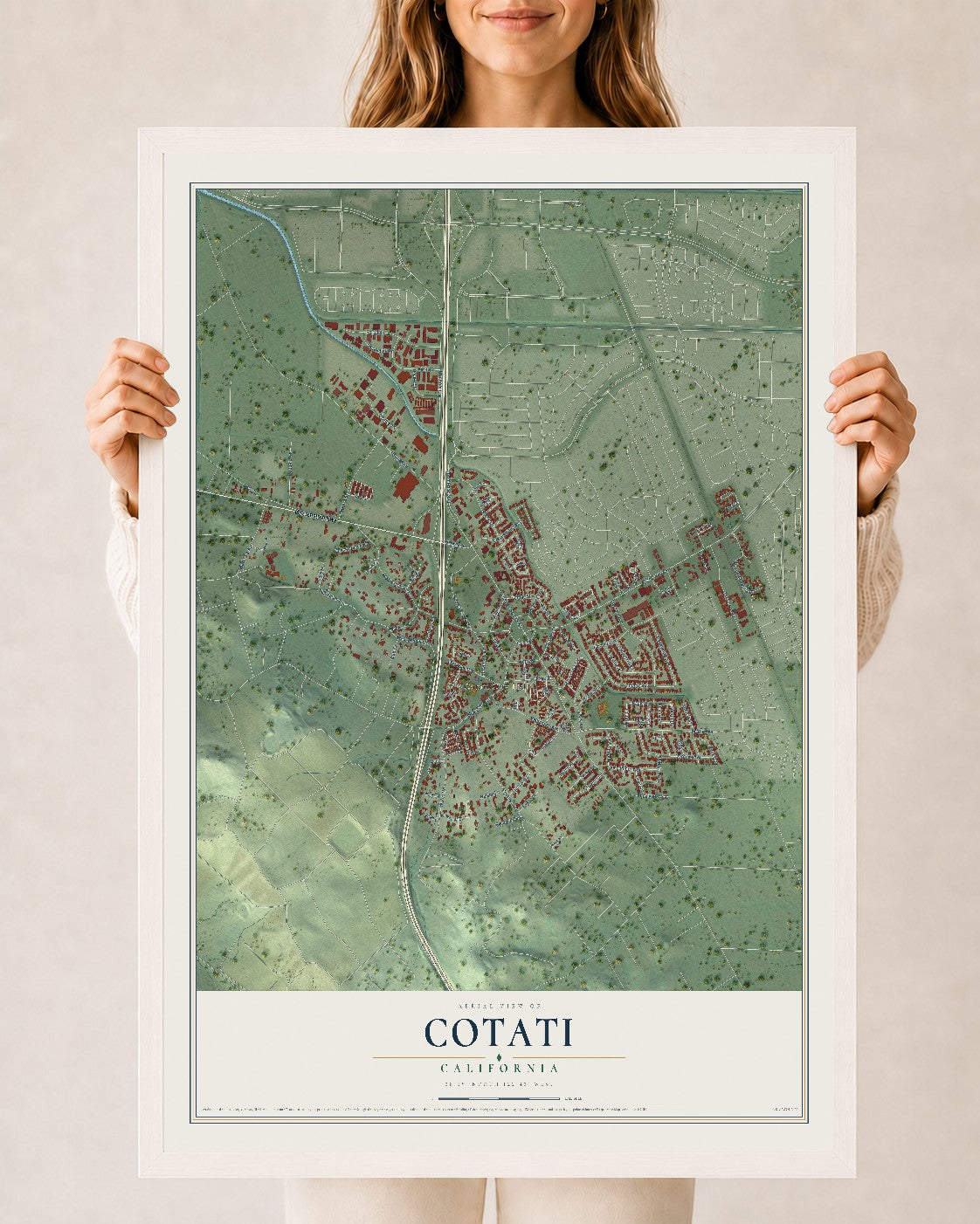 Map of Cotati, California, 24 x 36 inch print in a white wood frame