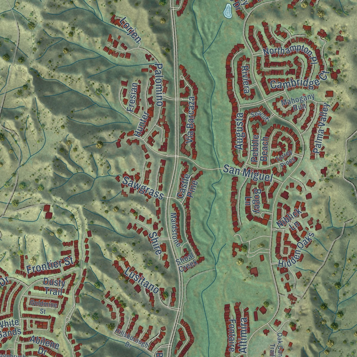 Close-up of the map of Coto de Caza, California print showing street and building detail