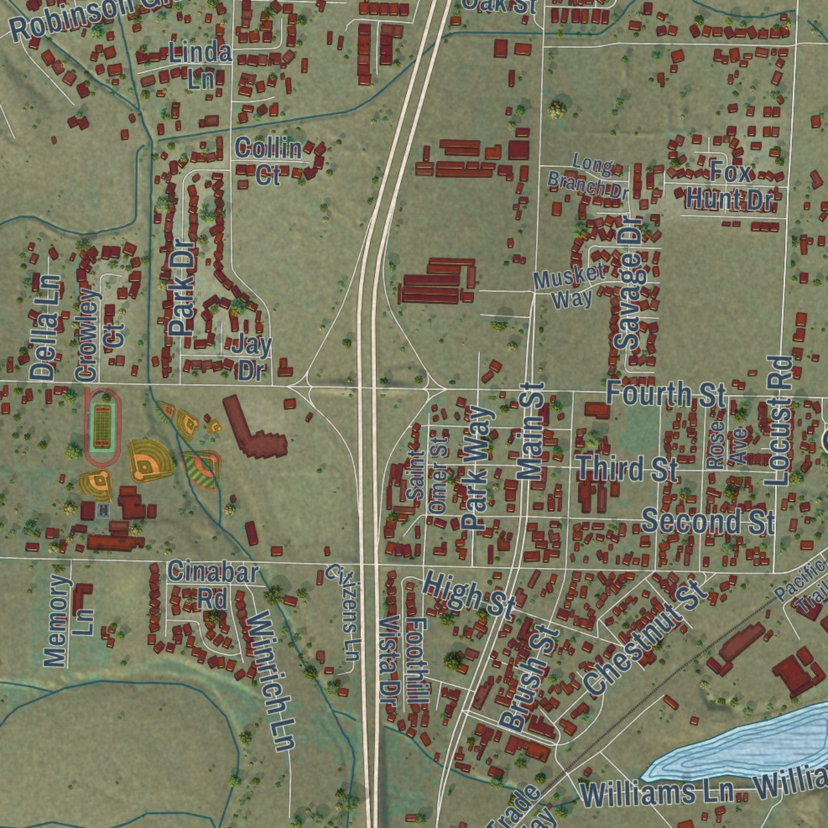 Second close-up of the map of Cottonwood, California print showing more streets and buildings