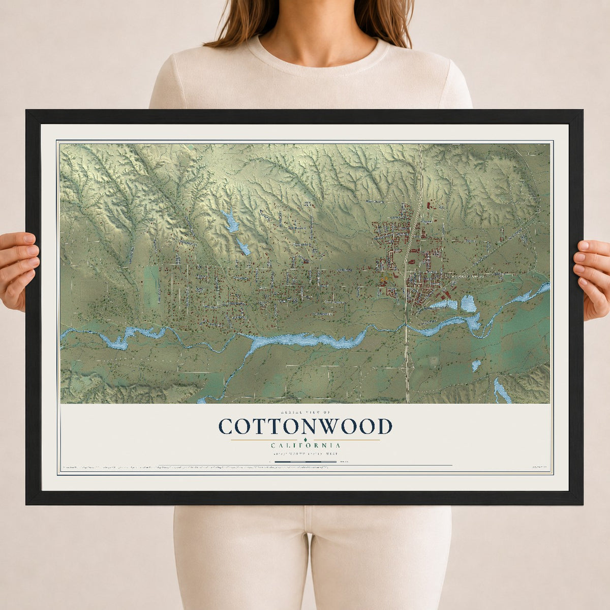 Map of Cottonwood, California, 18 x 24 inch print in a black wood frame