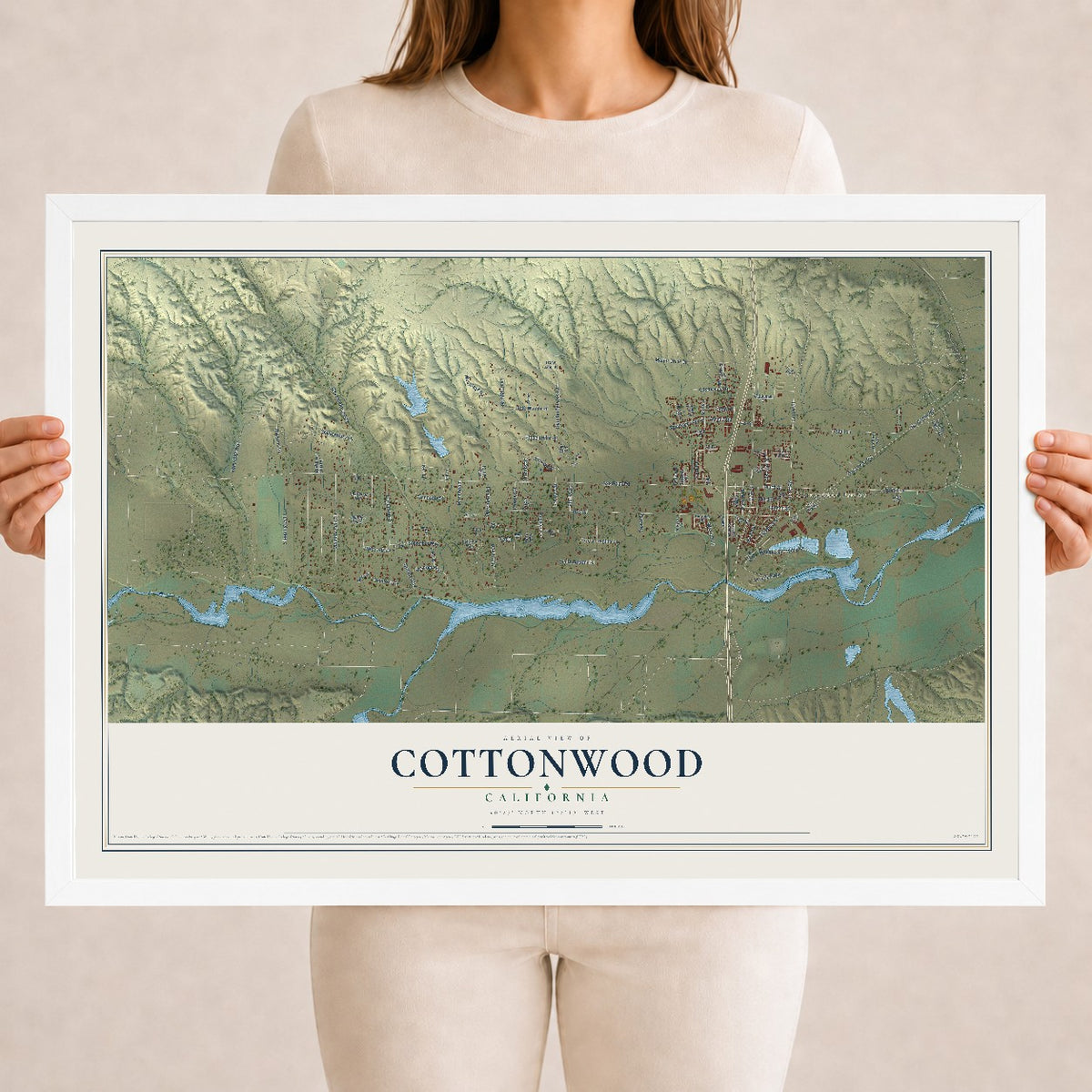 Map of Cottonwood, California, 18 x 24 inch print in a white wood frame