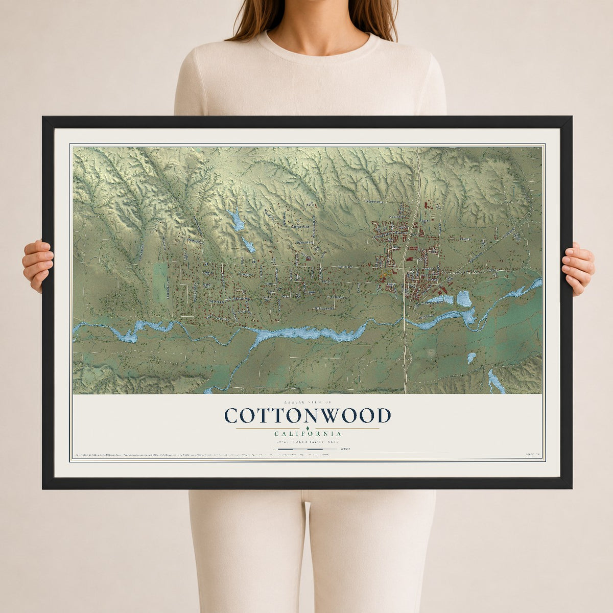Map of Cottonwood, California, 24 x 36 inch print in a black wood frame