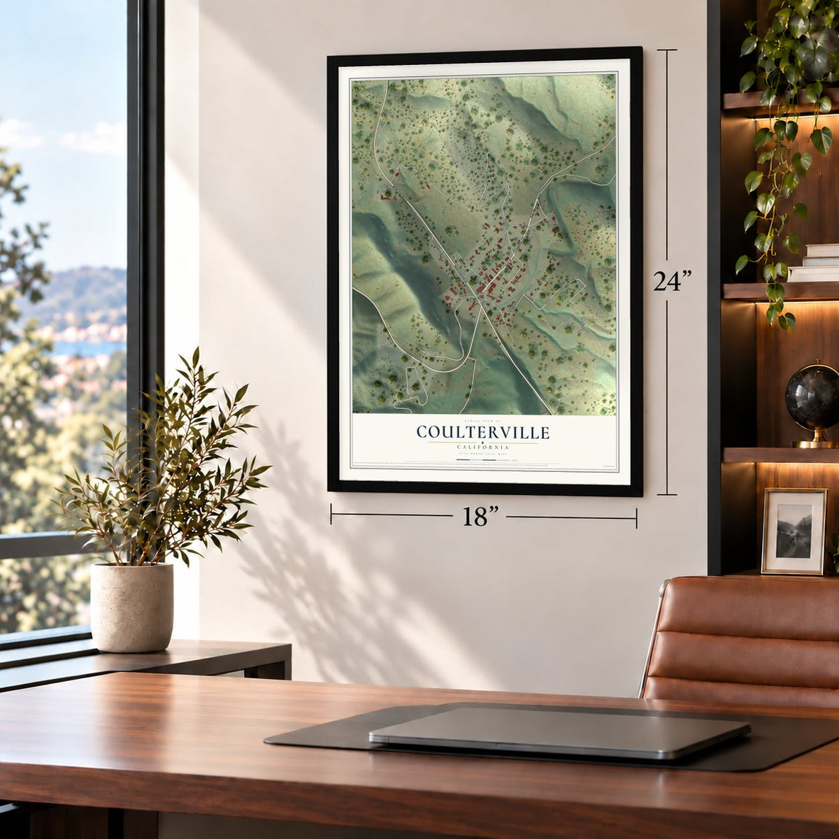 Coulterville, California map, 18 x 24 inch print in a black frame in a home office