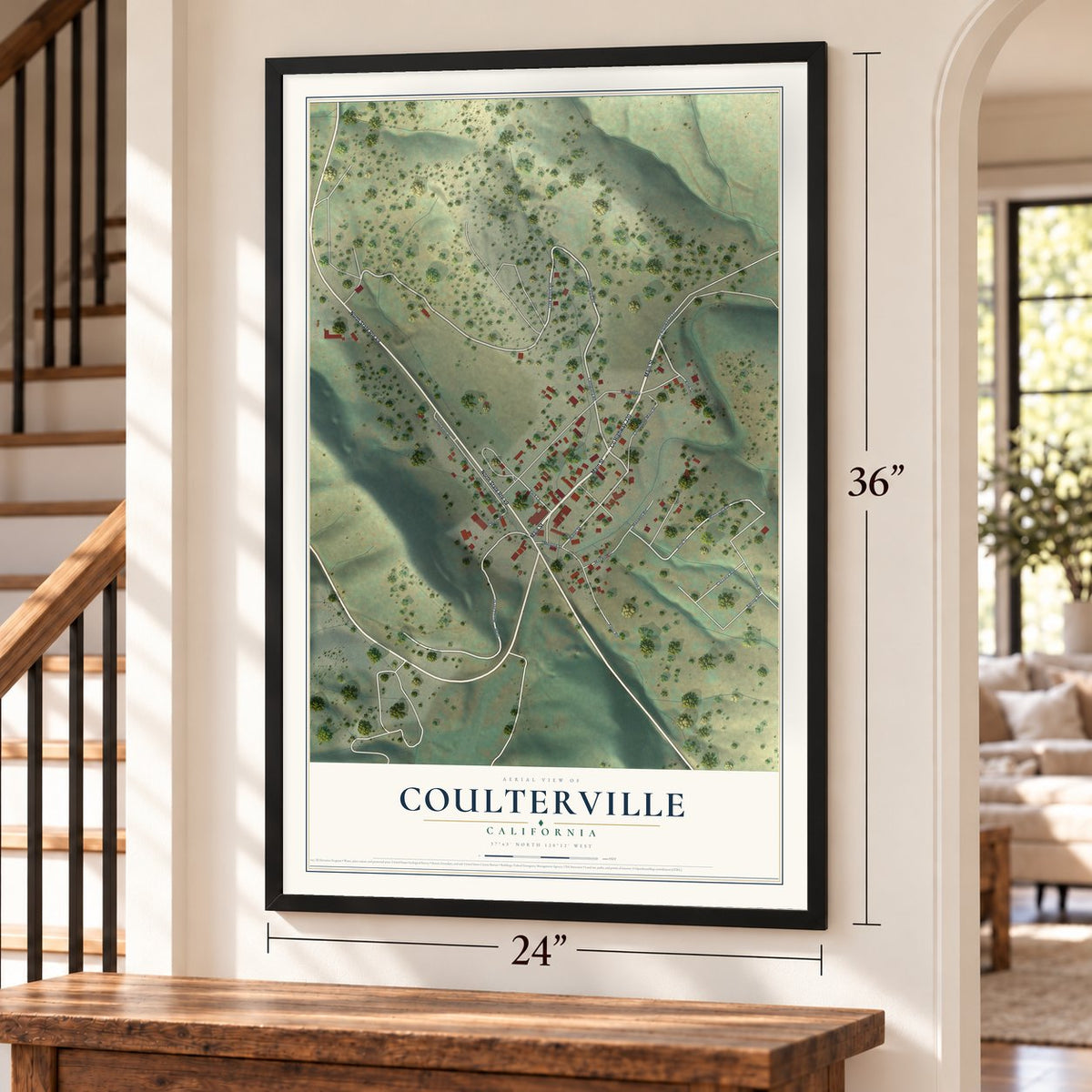 Coulterville, California map, 24 x 36 inch print in a black frame by a staircase
