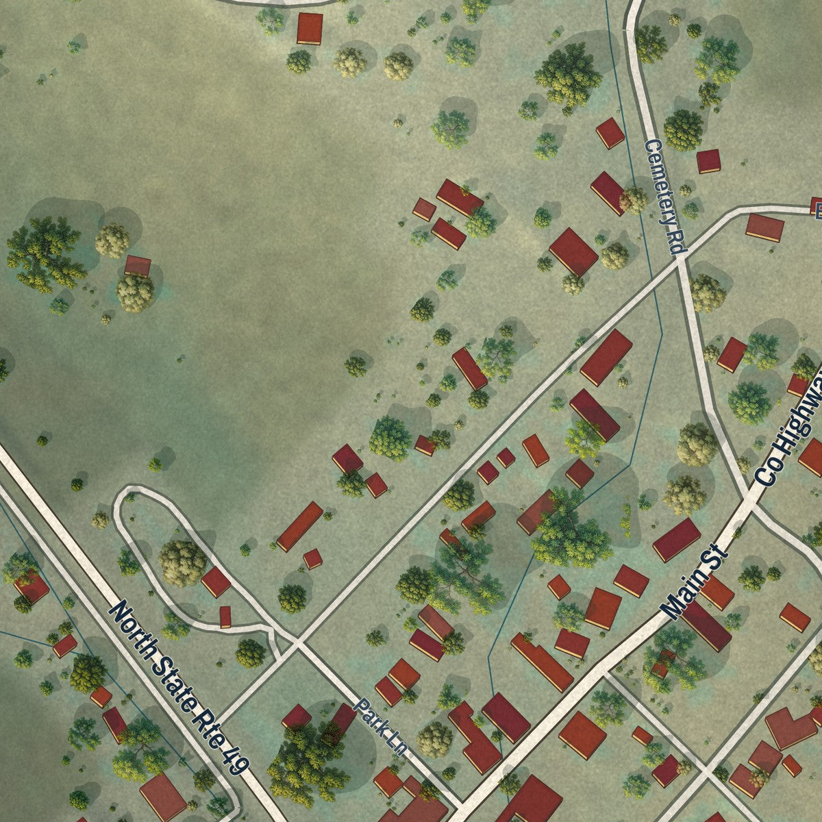 Close-up of the map of Coulterville, California print showing street and building detail