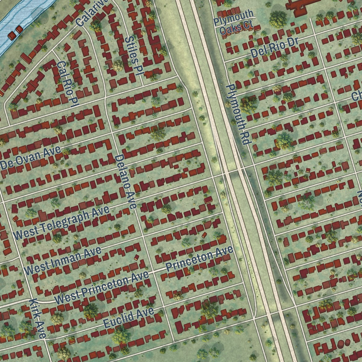 Close-up of the map of Country Club, California print showing street and building detail