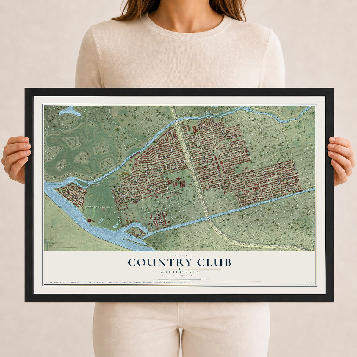 Map of Country Club, California, 12 x 18 inch print in a black wood frame