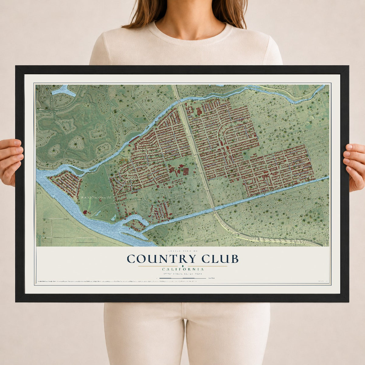 Map of Country Club, California, 18 x 24 inch print in a black wood frame